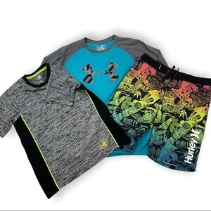 Bundle of Under Armor long sleeve, Body Glove short sleeve & Hurley board shorts